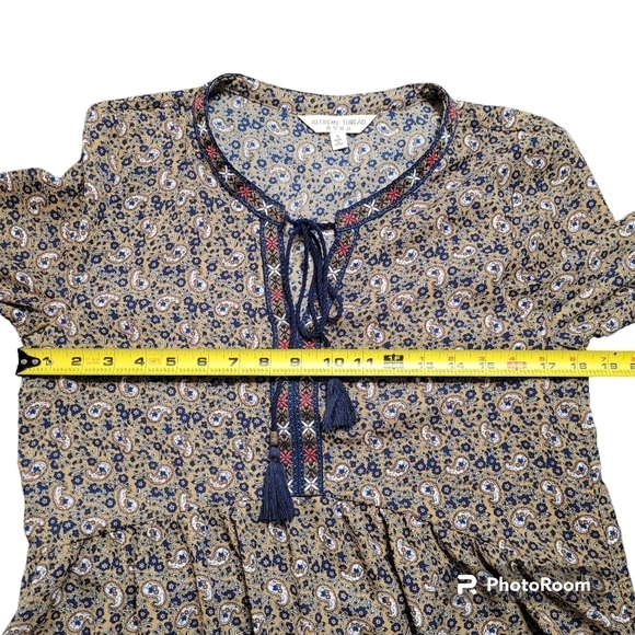 Alchemy Thread Tan And Blue Paisley Boho Babydoll Tassel Tie Peasant Blouse Top - Picture 9 of 10